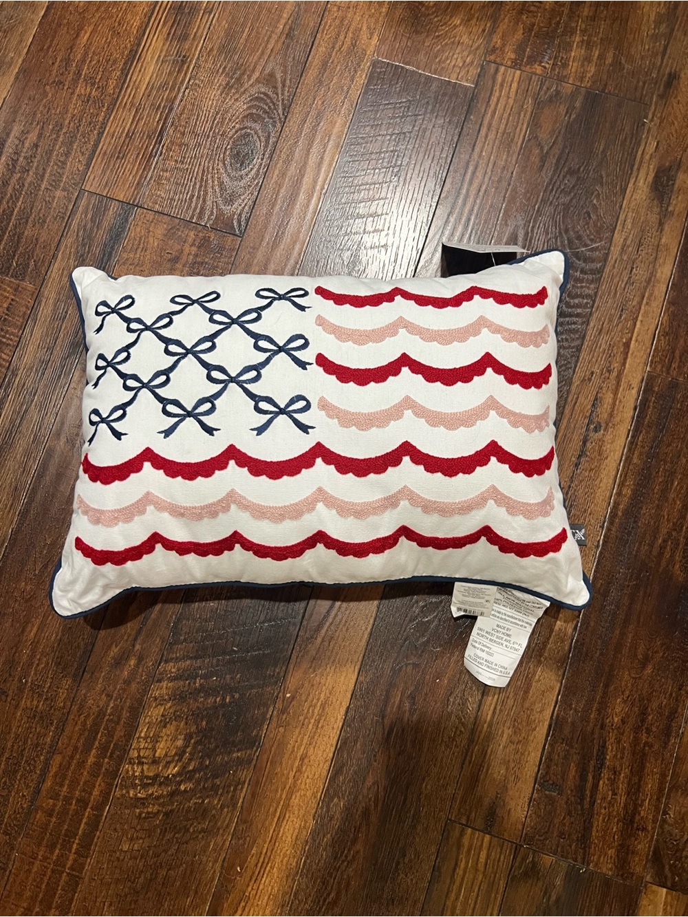 My Texas House Navy Bow & Red Scallop Embroidered Accent Pillow